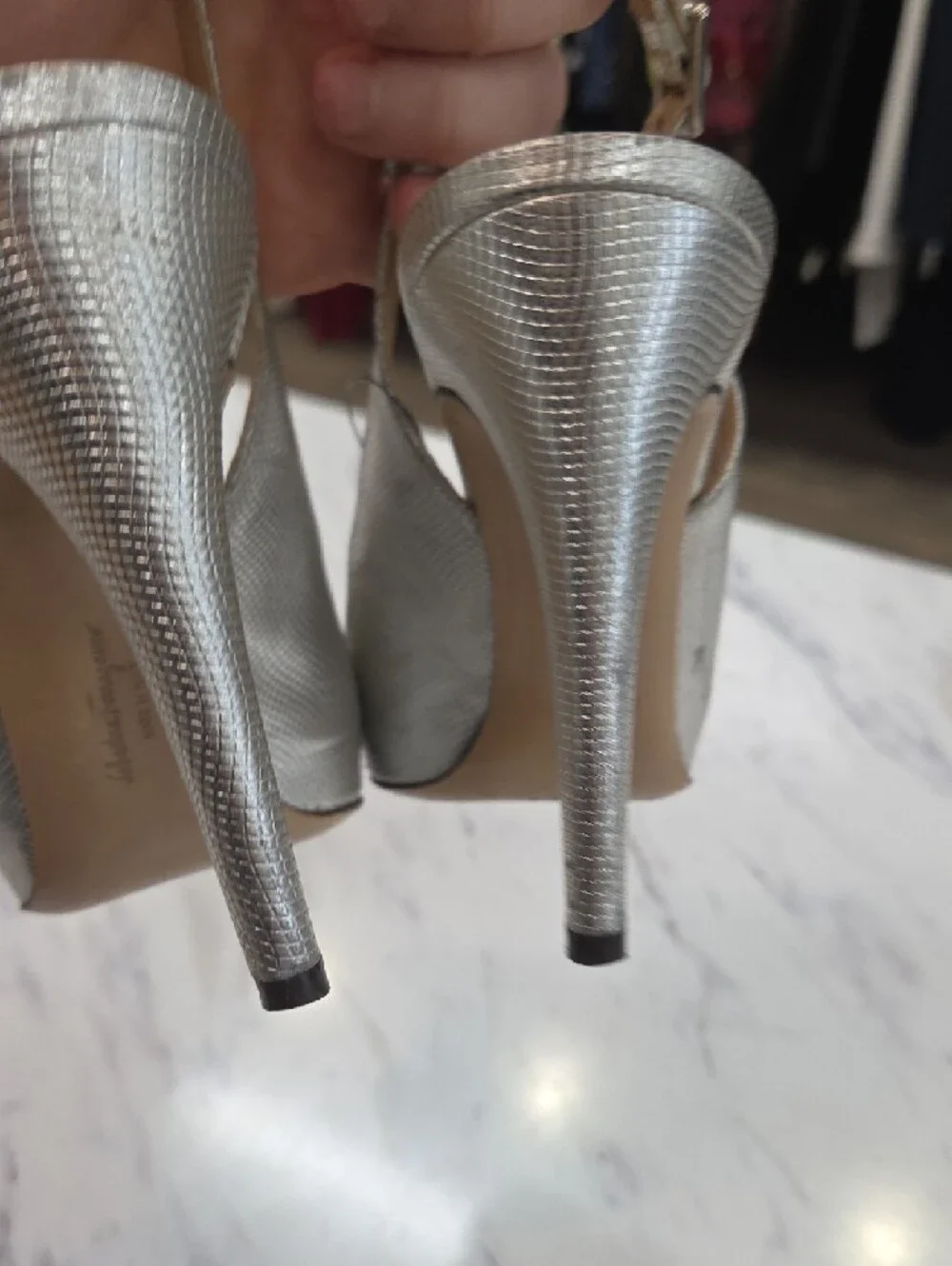 Salvatore Ferragamo Silver Slingback Peep-Toe Heels with Dark Bow
